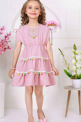 Pink Pom-Pom Cotton Frock with Embroidered Yoke For Girl