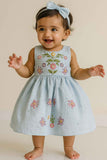 Sky Blue Sleeveless Embroidered Frock With Butterfly Motifs & Pearls For Girls