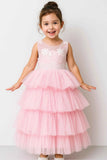 Pink Tiered Ruffle Party Gown With Floral Embroidery For Girls