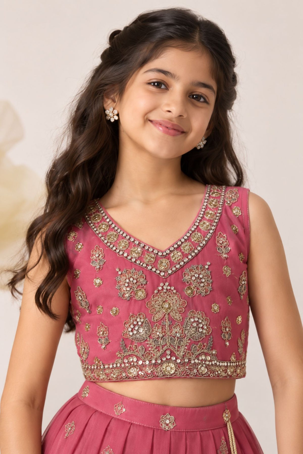 Girls Pink Sleeveless Embroidered Lehenga Choli Set