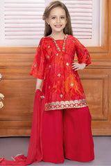 Red Printed And Sequin Top And Palazzo Set For Girls