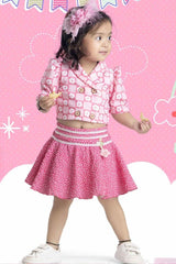 Stylish Pink Top And Printed Skirt Set For Girls