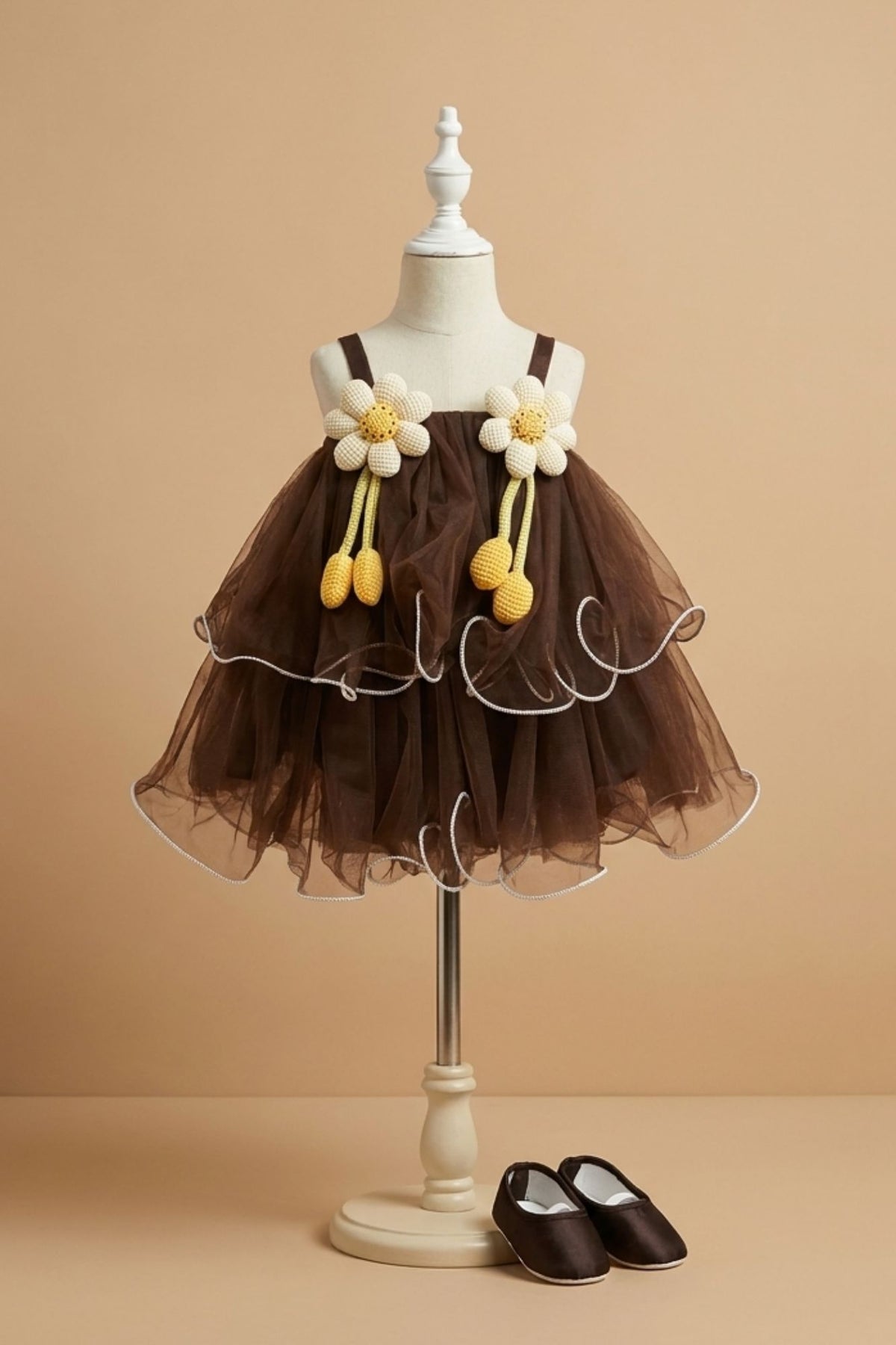 Brown Frock With Playful 3D Floral Applique