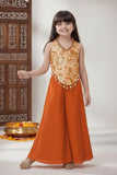Orange Embroidered Sleeveless Top With Flowy Palazzo Set For Girls