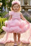 Girls Pink Floral Net High-Low Party Frock