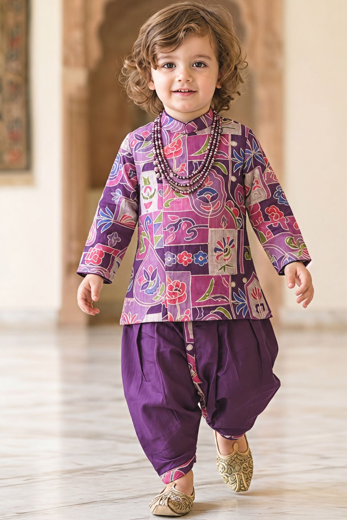 Boys Purple Multicolour Floral Printed Kurta Dhoti Set