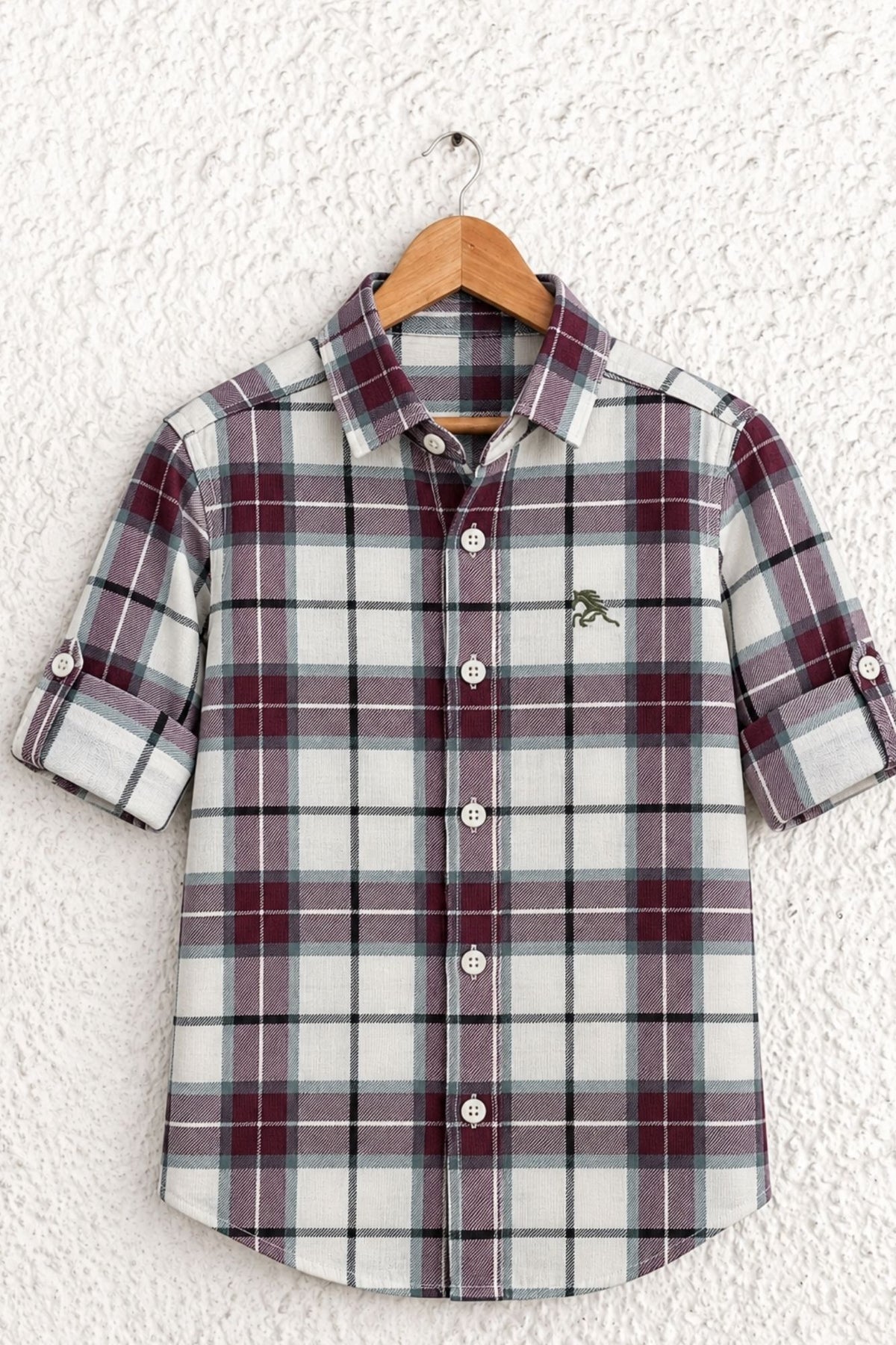 Boys Maroon And White Checked Roll-Up Sleeve Shirt