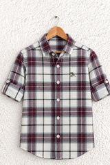 Boys Maroon And White Checked Roll-Up Sleeve Shirt