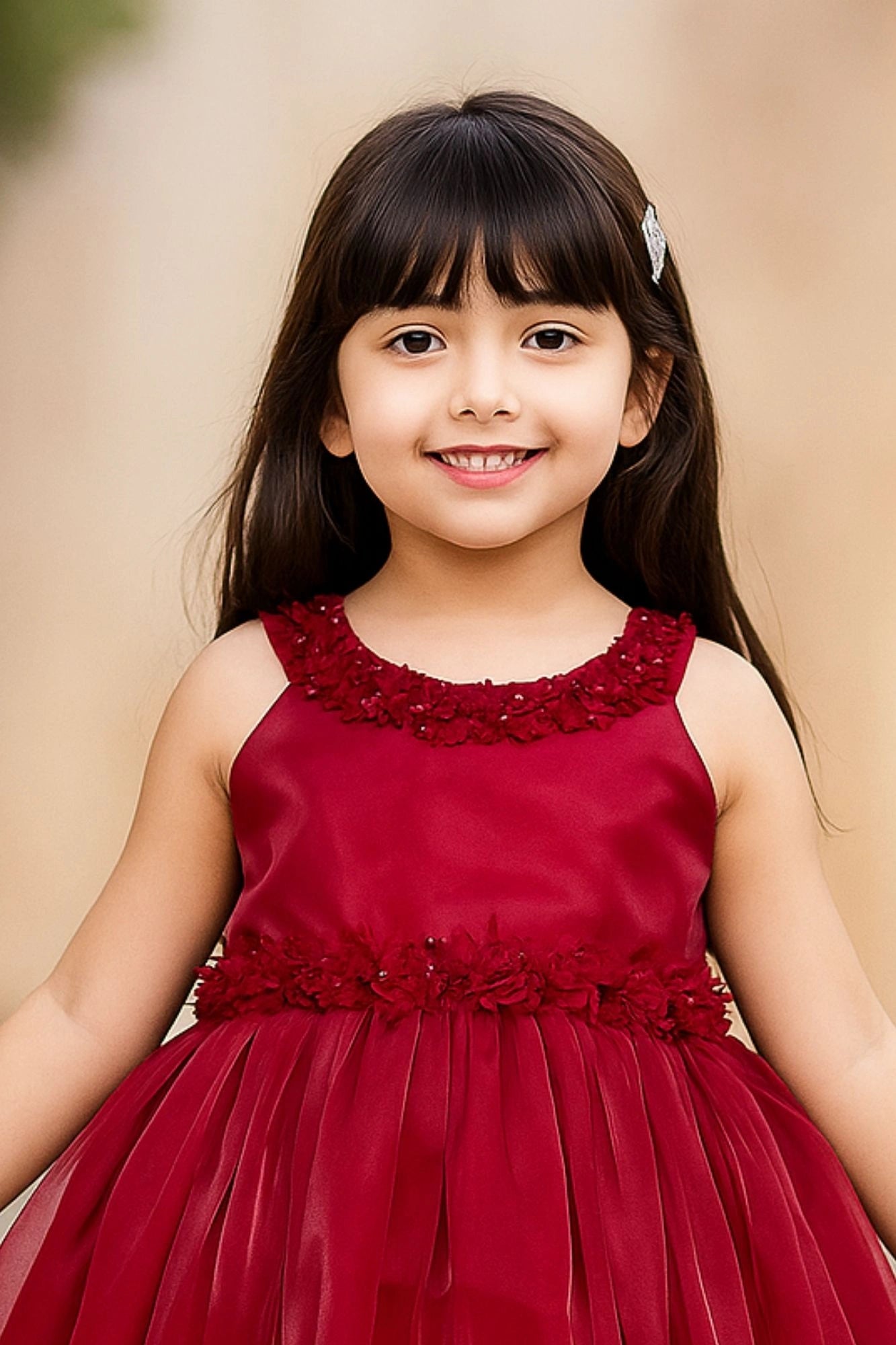 Rani Pink Embellished Satin Party Wear Frock with Floral Appliqué Detailing For Girls