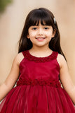 Rani Pink Embellished Satin Party Wear Frock with Floral Appliqué Detailing For Girls