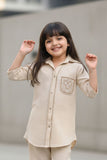 Cream Casual Top With Matching Straight Pant Set For Girls