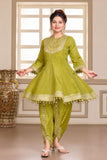 Girls Green Mirror Work Dhoti Kurti Set