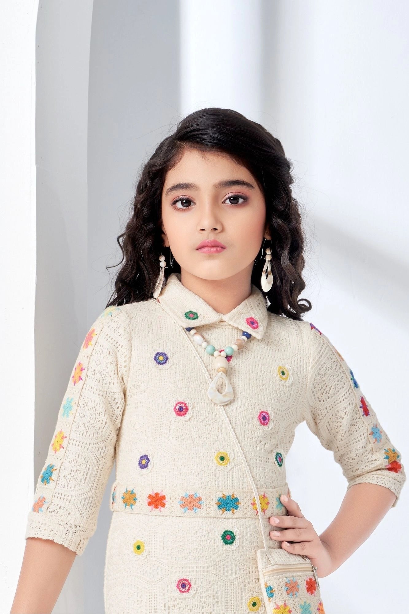 Cream Crochet Embroidered Dress with Matching Sling For Girls