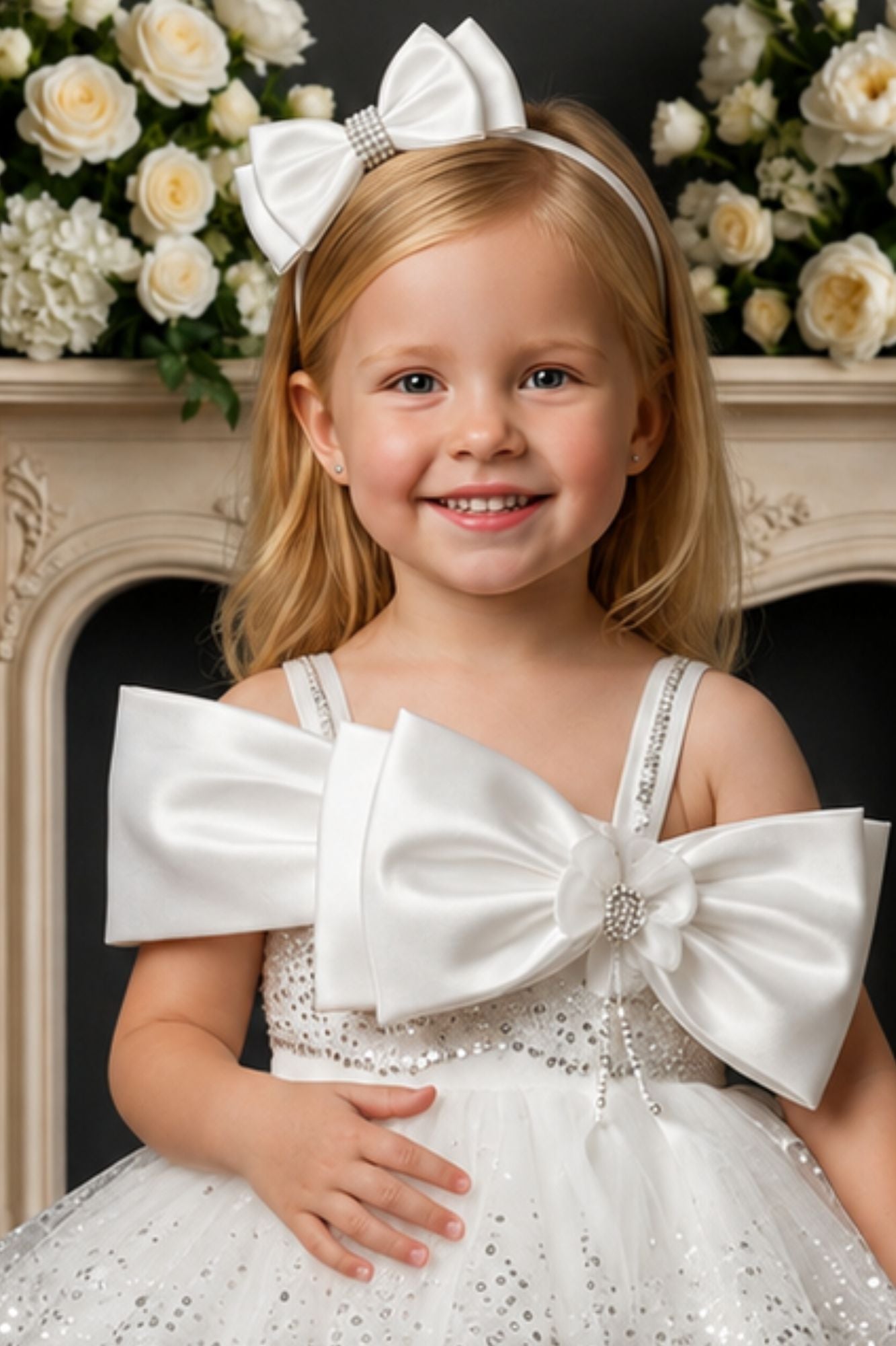 Girls White Sequin Bow Party Wear Frock