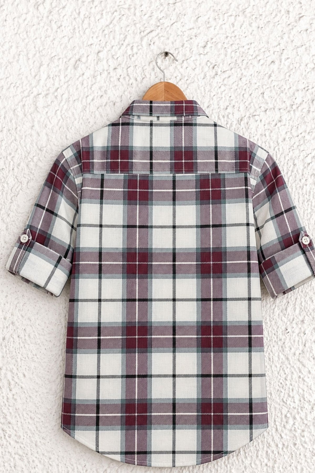Boys Maroon And White Checked Roll-Up Sleeve Shirt