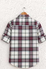 Boys Maroon And White Checked Roll-Up Sleeve Shirt
