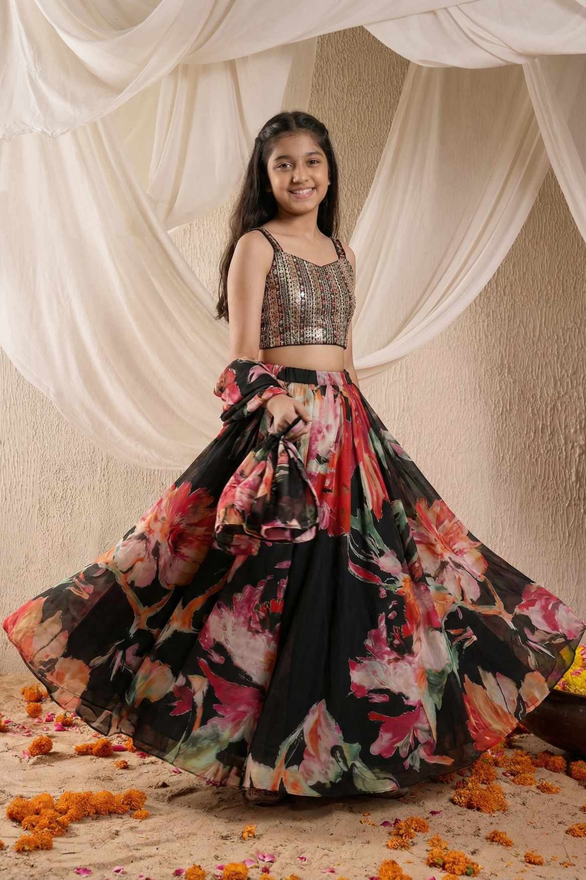 Black Floral Printed Lehenga Choli Set for Girls