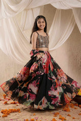 Black Floral Printed Lehenga Choli Set for Girls