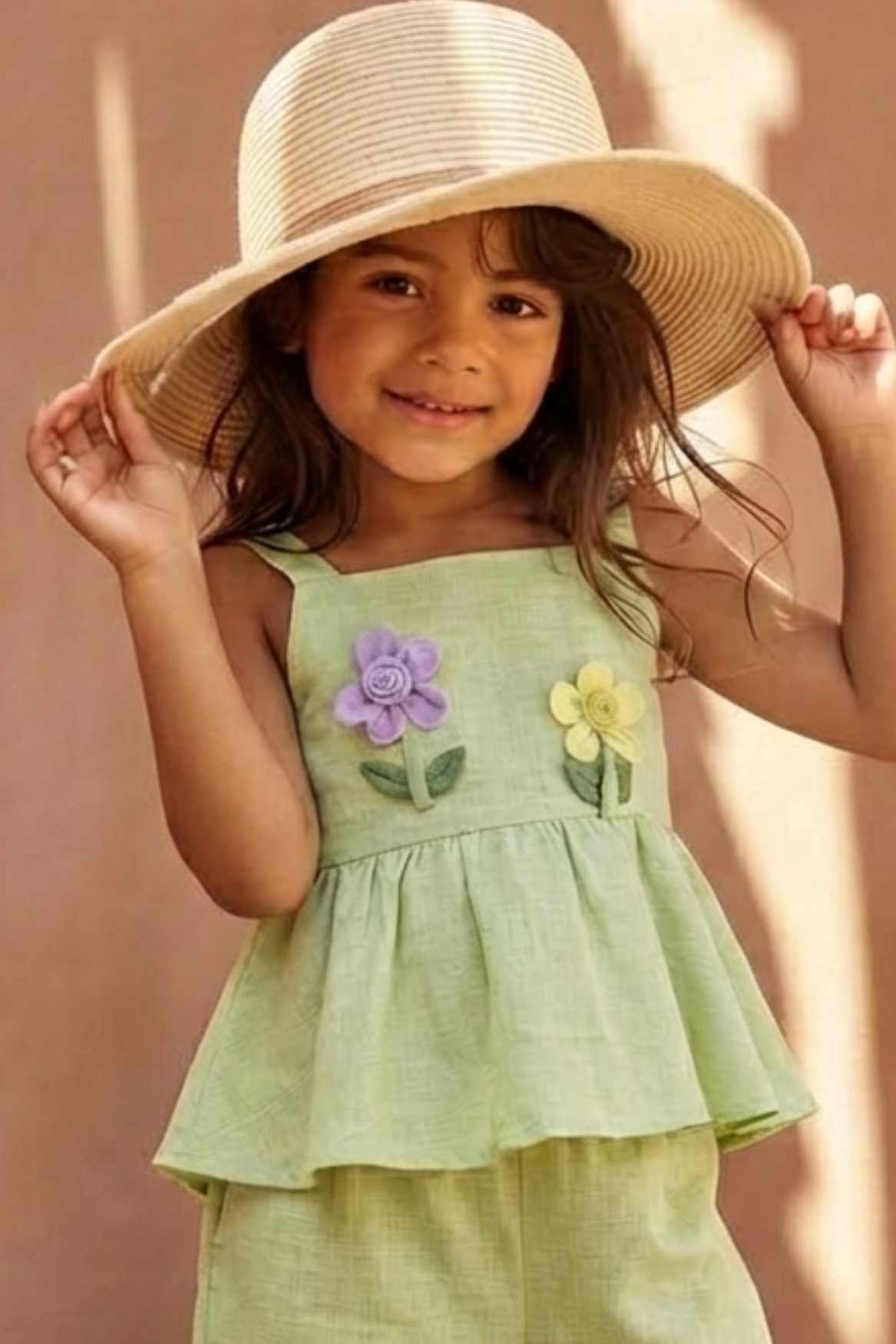 Pistachio Green Floral Appliqué And Palazzo Set For Girls