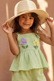 Pistachio Green Floral Appliqué And Palazzo Set For Girls