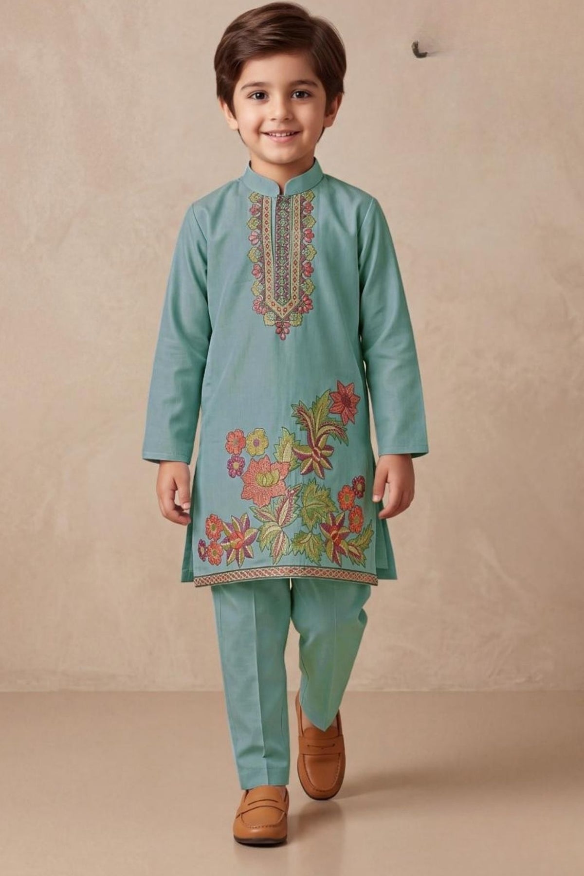 Boys Elegant Blue  Floral Embroidered Kurta Set