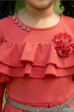 Coral Red Ruffle Frock with Belt For Girls