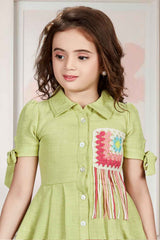 Green Dress With Crochet Embellished For Girls