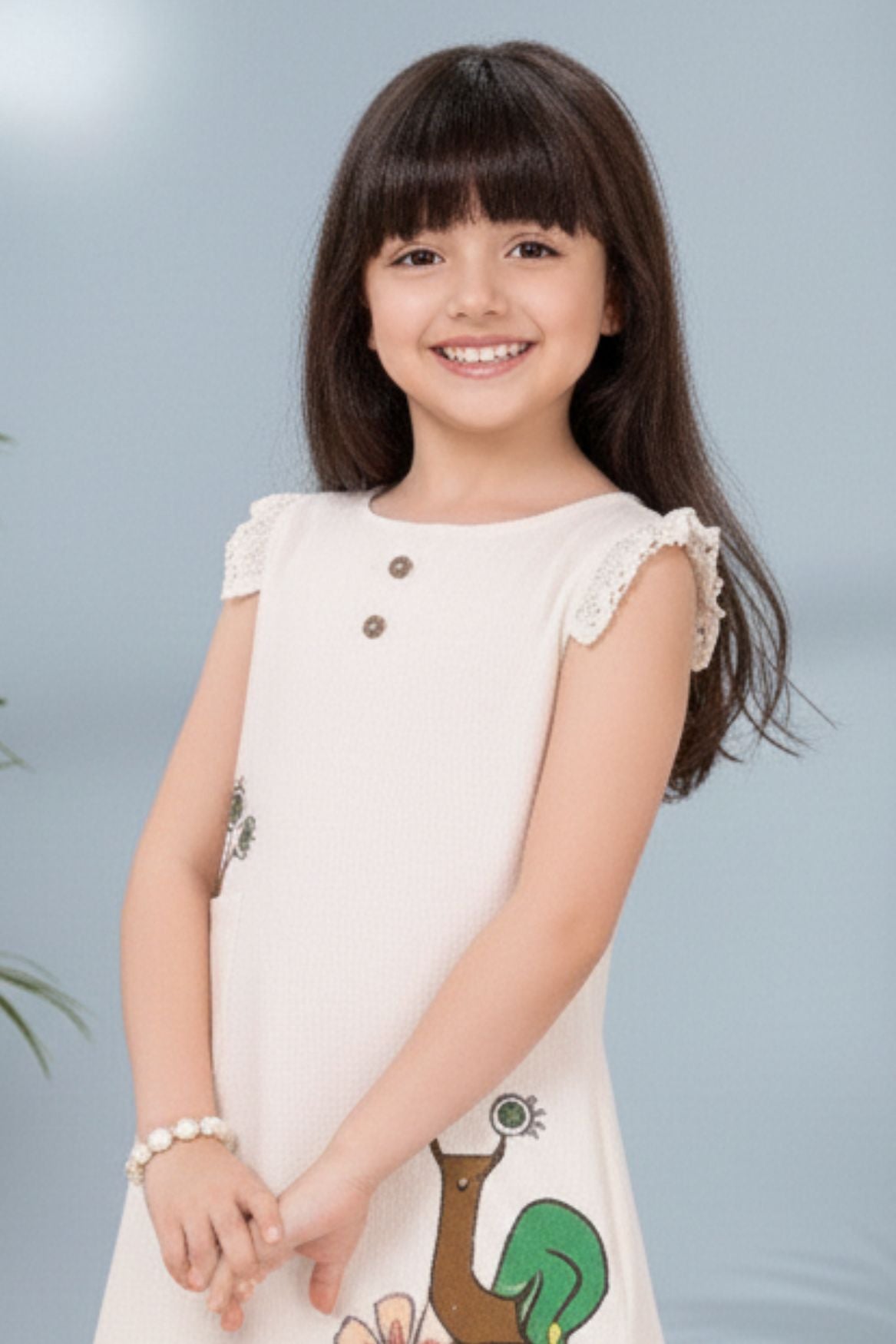 Cream Snail And Floral Print A-Line Dress For Girls