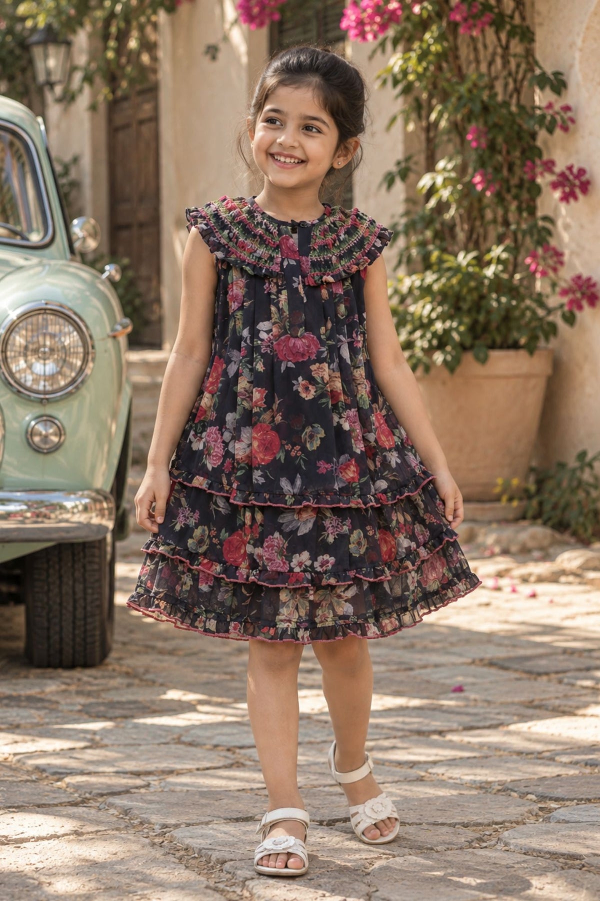 Black Floral Tiered Frock with Smocked Collar Dress For Girls