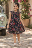 Black Floral Tiered Frock with Smocked Collar Dress For Girls