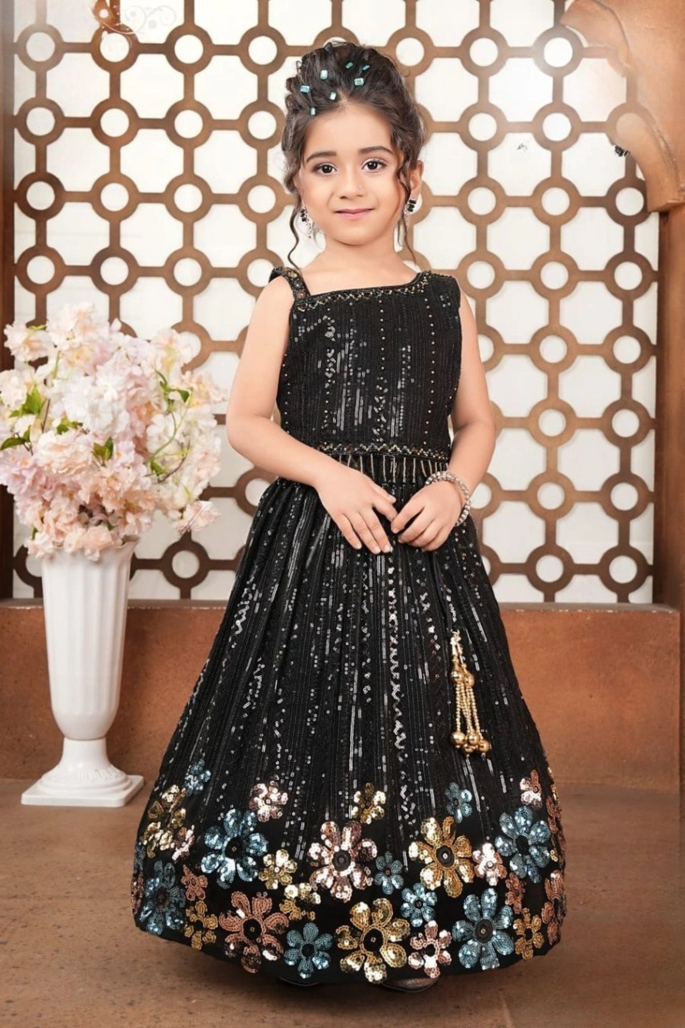 Black Sequin Floral Lehenga Choli with Beaded Tassel For Girls