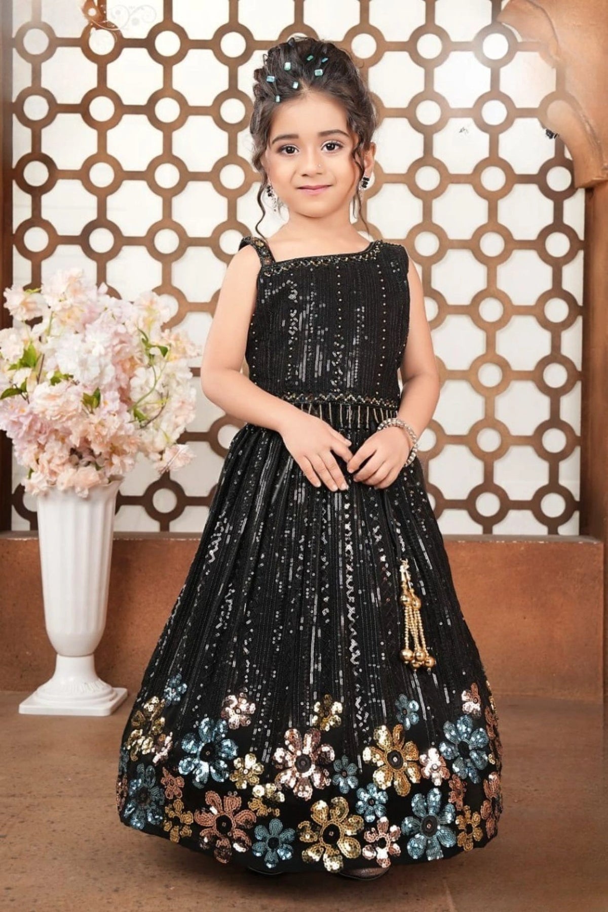 Black Sequin Floral Lehenga Choli with Beaded Tassel For Girls