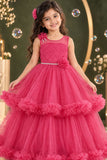Rani Pink Layered Net Party Gown with Floral Ruffle Hem For Girls
