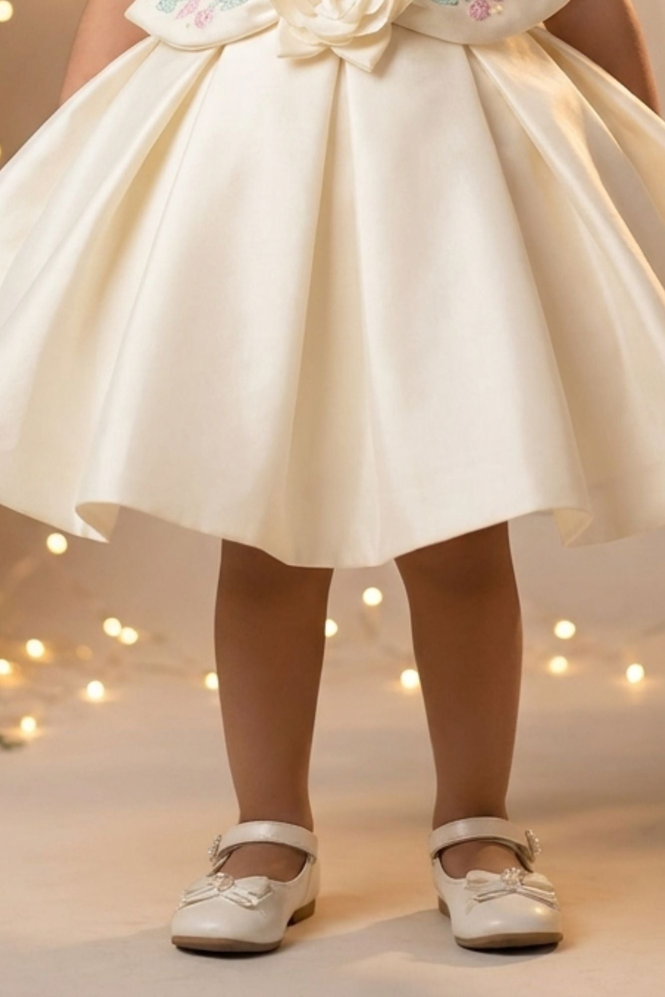 Cream 3D Floral Appliqué With Embroidery Party Wear Frock For Girls