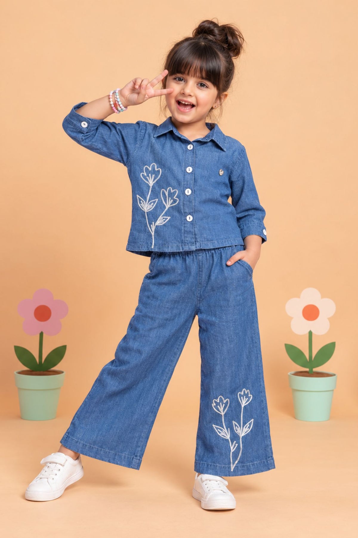 Girls Floral Printed Denim Co-Ord Set
