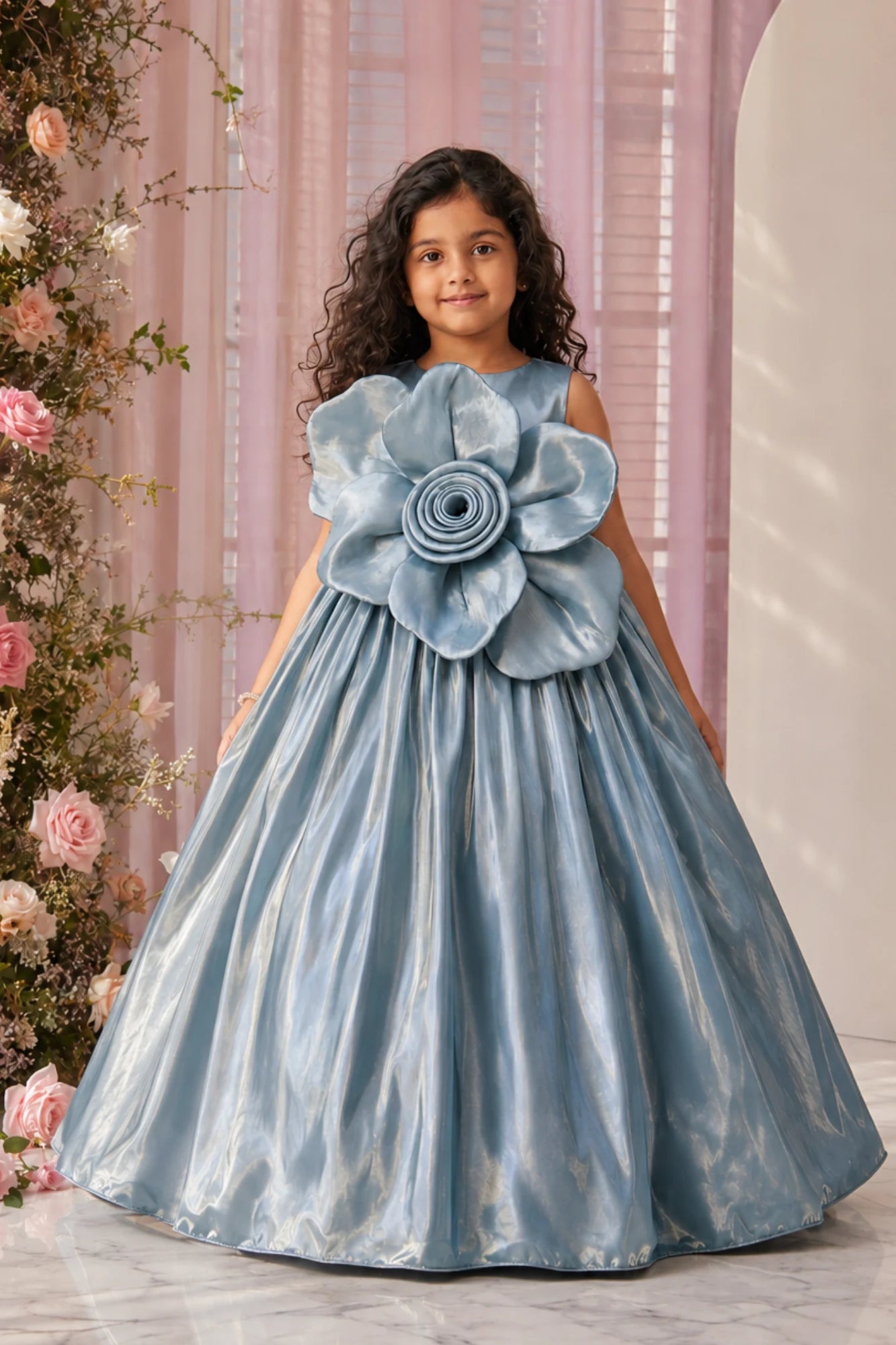 Steel Blue Oversized 3D Flower Party Wear Gown For Girls