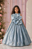 Steel Blue Oversized 3D Flower Party Wear Gown For Girls