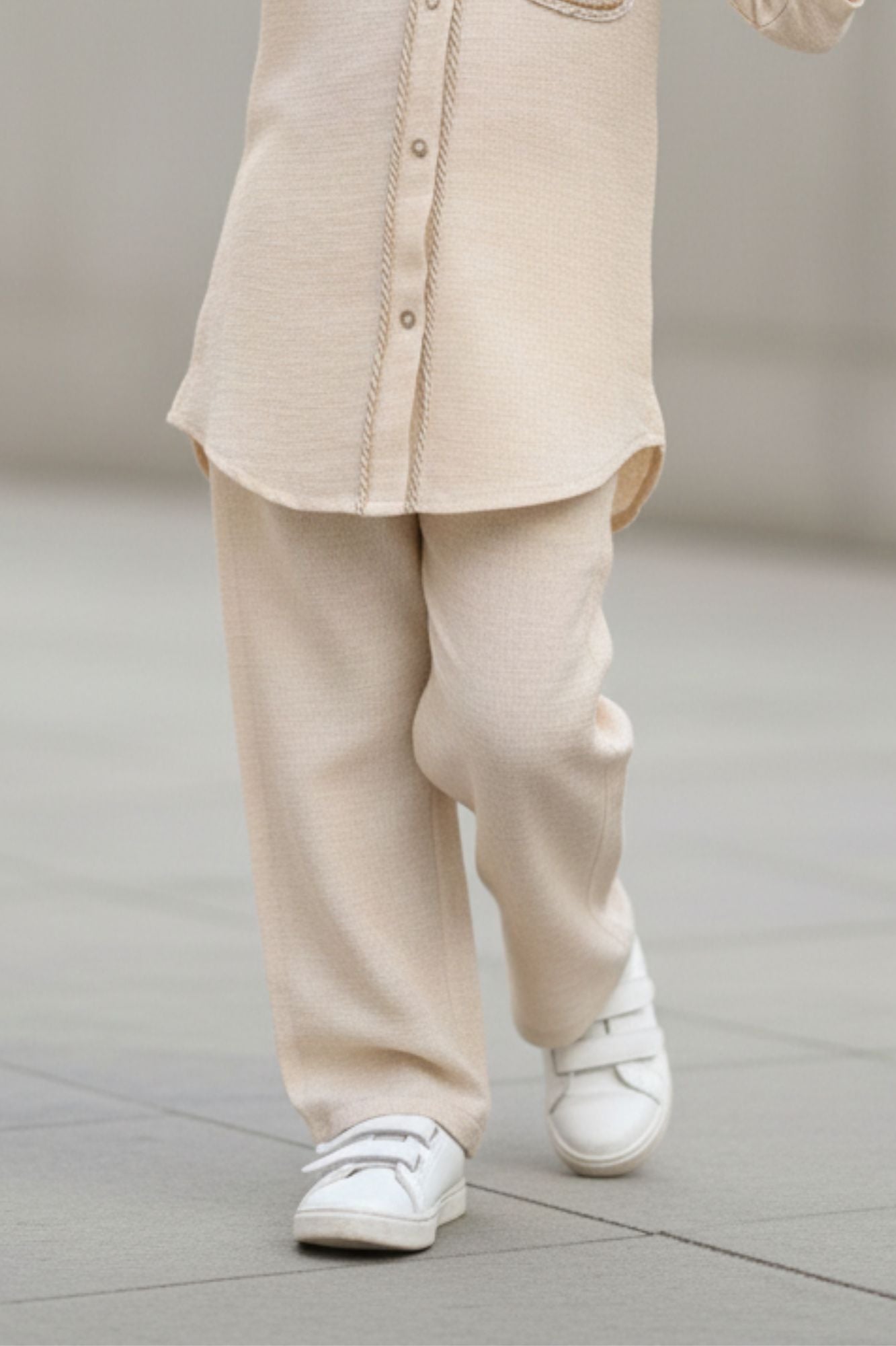 Cream Casual Top With Matching Straight Pant Set For Girls