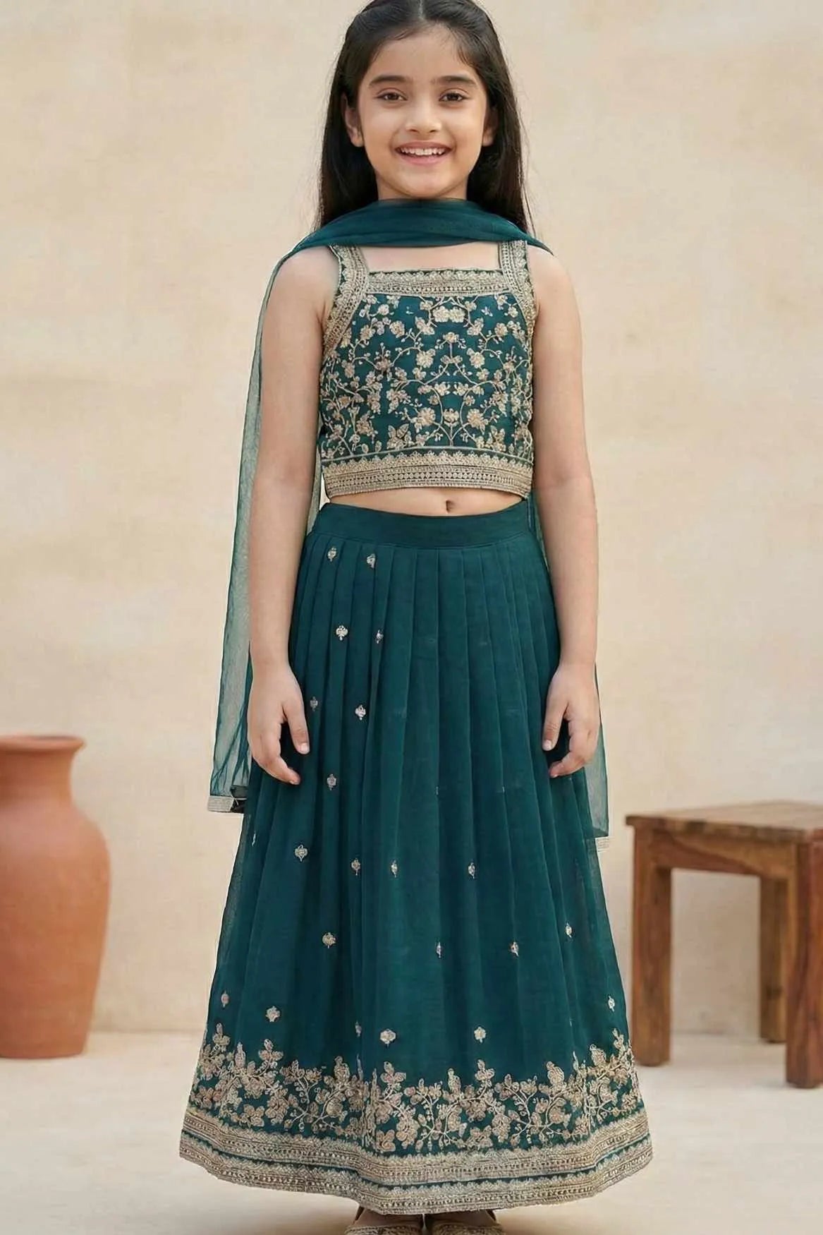 Bottle Green Embroidered Lehenga Choli with Dupatta For Girls