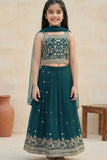 Bottle Green Embroidered Lehenga Choli with Dupatta For Girls