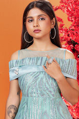 Girls Mint Green Shimmer Net Party Wear Gown With Cold Shoulder Neckline