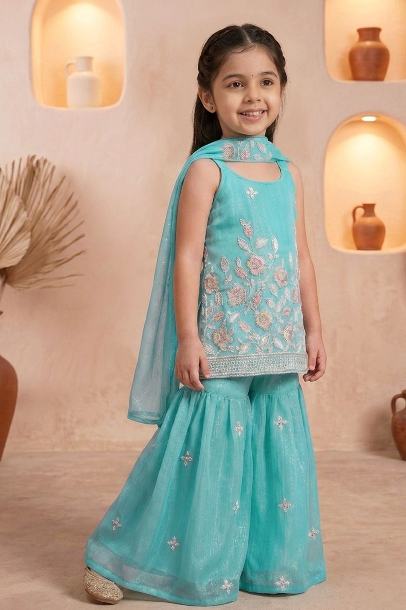 Girls Blue Floral Embroidered Sharara Set with Dupatta