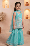 Girls Blue Floral Embroidered Sharara Set with Dupatta