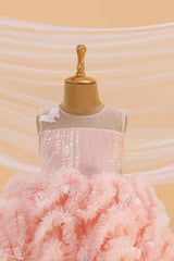 Pink Ruffled And Sequin Frock With Overcoat For Girls