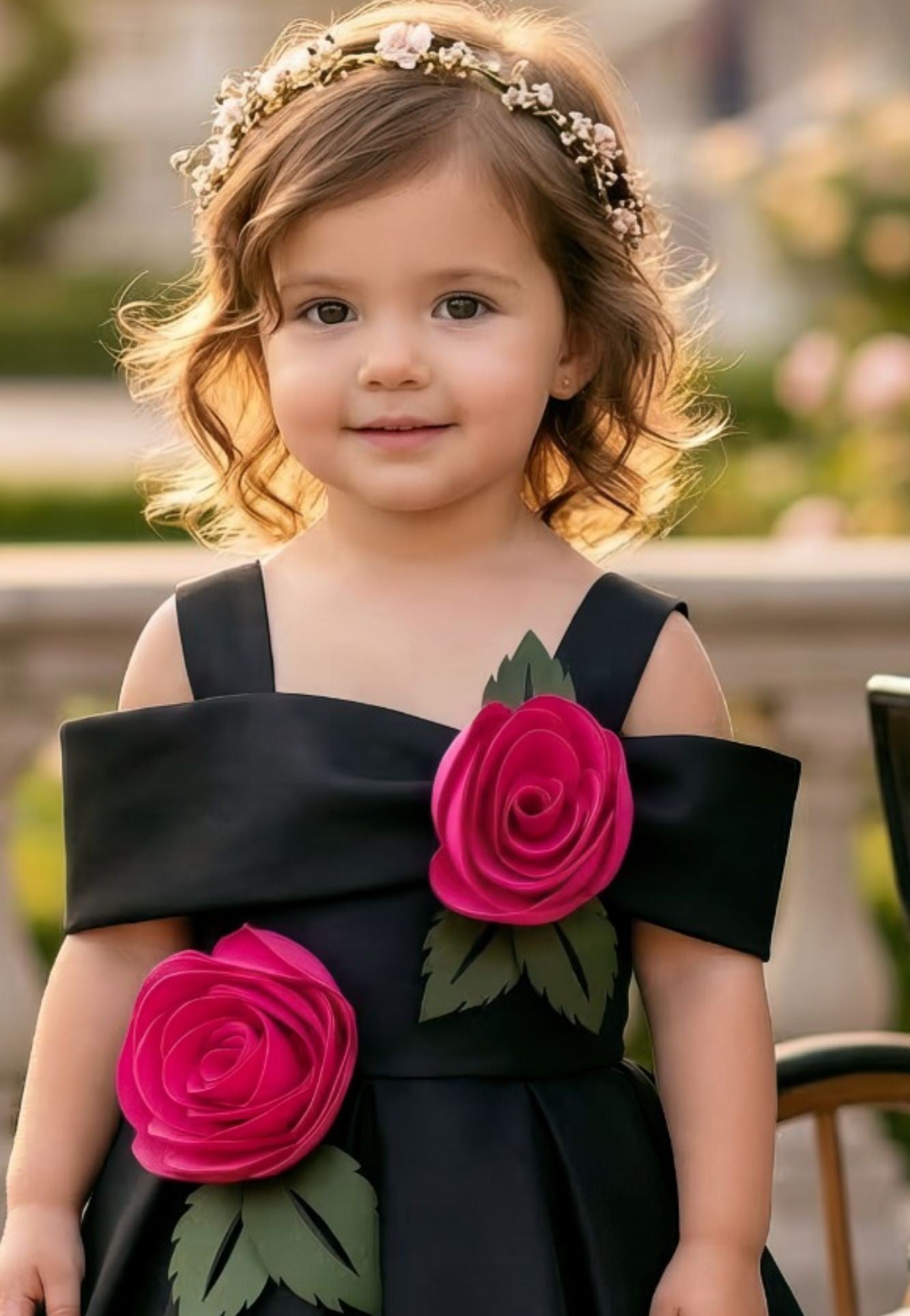 Girls Black Party Wear Dress with 3D Rose Applique