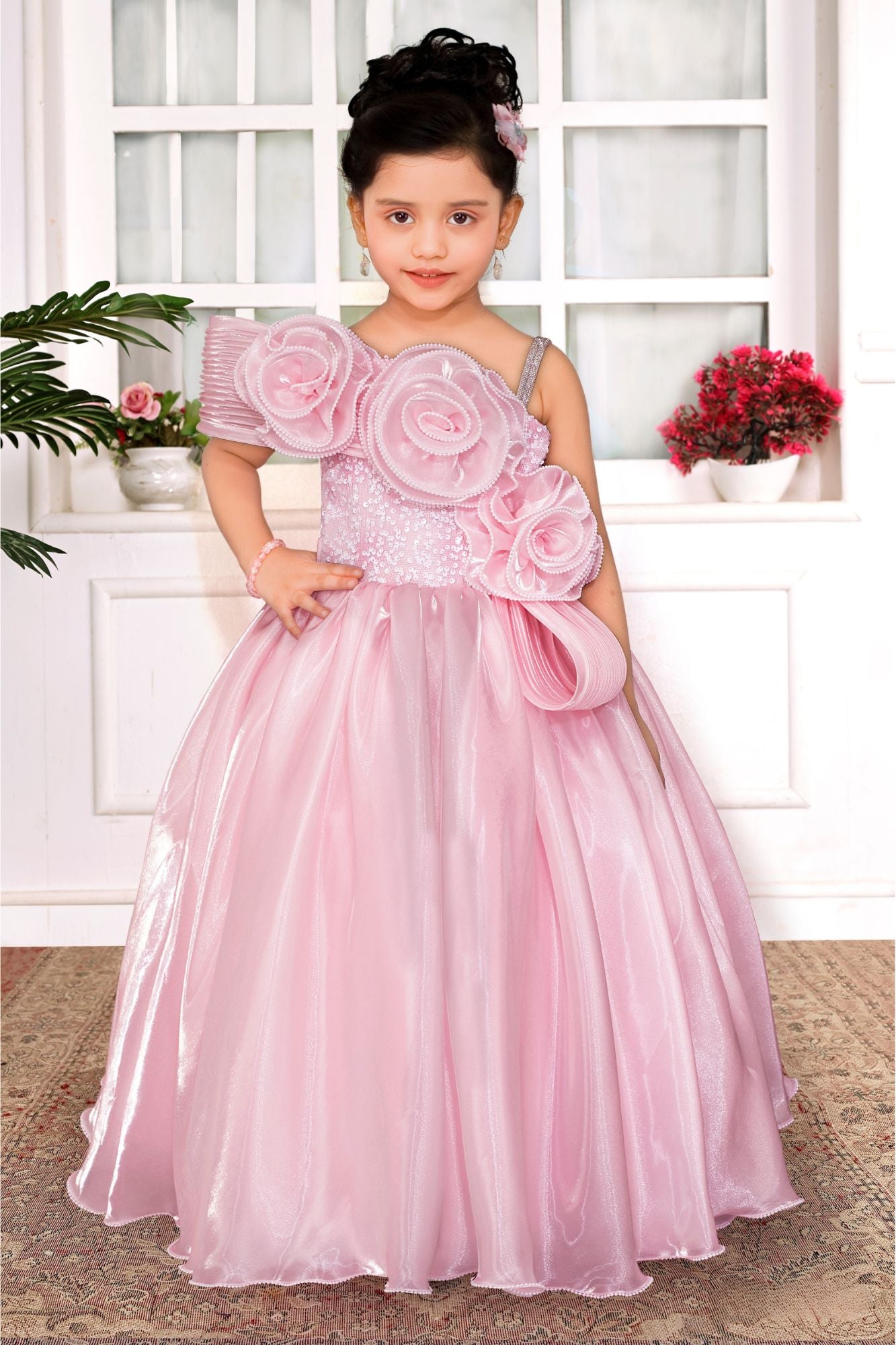 Girls Baby Pink One-Shoulder Party Gown with 3D Floral Ruffles