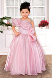 Girls Baby Pink One-Shoulder Party Gown with 3D Floral Ruffles