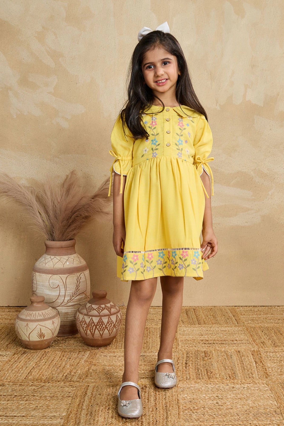 Bright Yellow Floral Embroidered Cotton Dress with Puff Sleeves For Girls