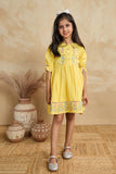 Bright Yellow Floral Embroidered Cotton Dress with Puff Sleeves For Girls