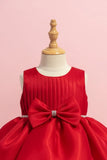 Ruby Red Party Frock with Pleated Bodice and Bow Belt For Girls